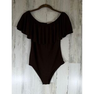 Madrag Bodysuit Large Brown Off the Shoulder Ruffle Sleeve Snap Bottom READ